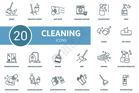 清洁设置图标 包含清洁插图 如洗地板 洗衣服 肥皂等工作清洁工洗手间家务家庭中风清洁度扫帚拖把洗涤剂图片
