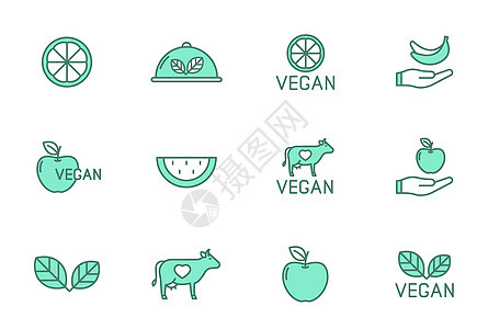 在白色背景上隔离的两种颜色的纯素食线矢量图标 为网页设计 ui 移动应用程序和打印设置的素食主义者友好的绿色图标界面贴纸产品徽章图片