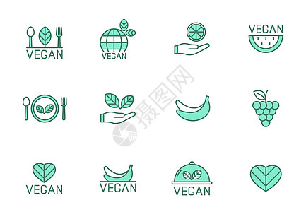 两种颜色的纯素食线性矢量图标在白色上被隔离 为网页设计 ui 移动应用程序和打印设置的素食食品绿色图标图片