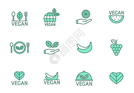 两种颜色的纯素食线性矢量图标在白色上被隔离 为网页设计 ui 移动应用程序和打印设置的素食食品绿色图标图片