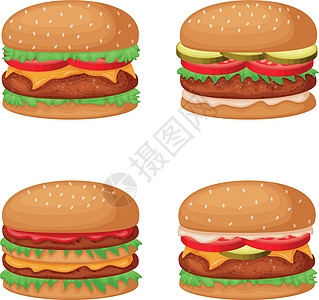 一套四包汉堡包 配有切菜 西红柿 黄瓜 奶酪和酱汁 快餐 白色背景的矢量插图图片