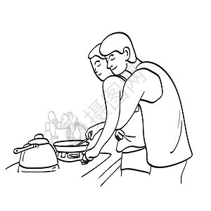 艺术线上的男友拥抱了厨房里的女友 用白色背景孤立的矢量手画出来 (笑声)图片