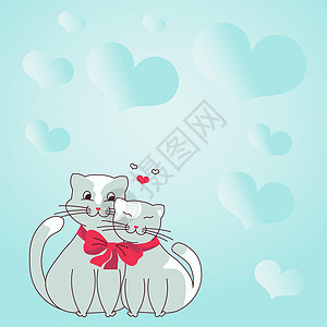 背景中两只猫依偎在一起 蝴蝶结和心形展示了恋人之间的爱与和谐 心形符号代表充满激情的情侣和爱情目标图形问候语婚礼卡通片尾巴生日绘图片