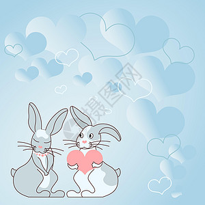 两只带着心形礼物的兔子 背景是热心的 展示了情侣交换供品 兔子代表带着可爱礼物的热情恋人图形天空季节绘画海报问候庆典农场问候语哺图片
