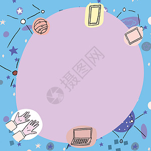用现代技术符号装饰的空白海报 代表科学和技术的多色笔记本电脑手机包围的空框边框教育成功蓝色飞船天文学互联网框架圆圈外星人墙纸图片