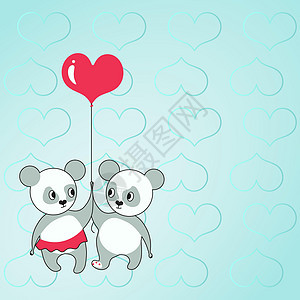 两只熊拿着心形气球 背景是心形 展示了爱与和谐 泰迪熊代表有爱情目标的热恋情侣幸福婴儿乐趣玩具卡通片计算机蓝色风格动物标签图片