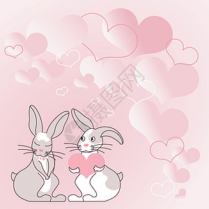 两只带着心形礼物的兔子 背景是热心的 展示了情侣交换供品 兔子代表带着可爱礼物的热情恋人微笑问候语绘画动物宠物乐趣庆典问候友谊亲图片