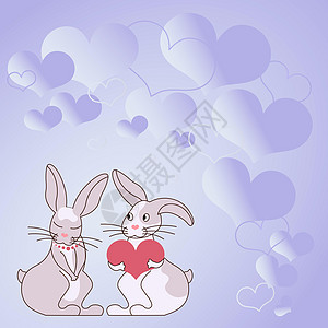 两只带着心形礼物的兔子 背景是热心的 展示了情侣交换供品 兔子代表带着可爱礼物的热情恋人快乐计算机天空卡通片微笑墙纸图形野兔庆典图片