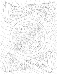 矢量线绘制大型比萨饼四片座椅 数字线图象 美味的馅饼食品供应成型木制柜台 大纲设计晚宴服务图片