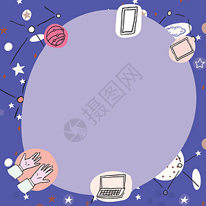 用现代技术符号装饰的空白海报 代表科学和技术的多色笔记本电脑手机包围的空框边框星形孩子星星季节乐趣卡通片框架人士商务墙纸图片