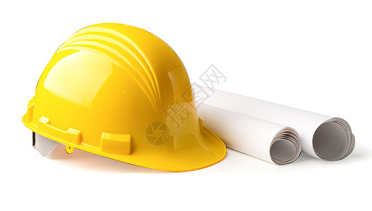 黄色建筑头盔 有蓝图 工程安全概念的绘画职场统治者帽子房子办公室工程师工作建筑师塑料图片