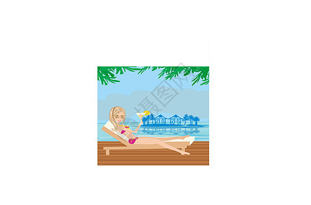漂亮女孩享受优雅的温泉水池热带比基尼化妆品女性金发女郎头发海洋品牌面具图片