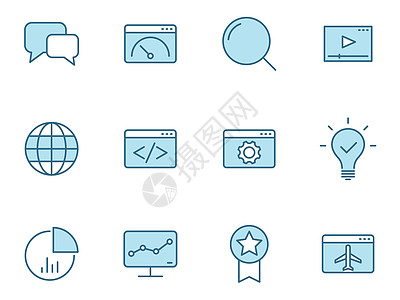 在白色背景上隔离的两种颜色的 Seo 平面矢量图标 用于网页设计 ui 移动应用程序和打印的 Seo 蓝色图标集插图反应咨询电脑图片