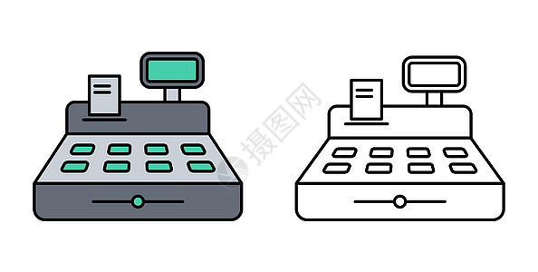 收银机彩色平面轮廓图隔离在白色背景上 带有价格和支票矢量图标的收银机 用于 web 和 ui 设计 移动应用程序和印刷产品图片