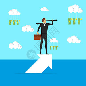 一个商务人士站在箭头上 透过望远镜看 经营理念 成就 性格 领导者 矢量图图片