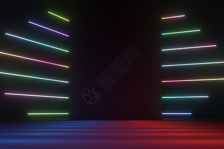 黑暗背景下 RGB 霓虹灯的 3d 渲染 抽象激光线显示在晚上 紫外光谱光束场景插图电子产品舞蹈音乐电火花技术全景墙纸冲动紫外线图片