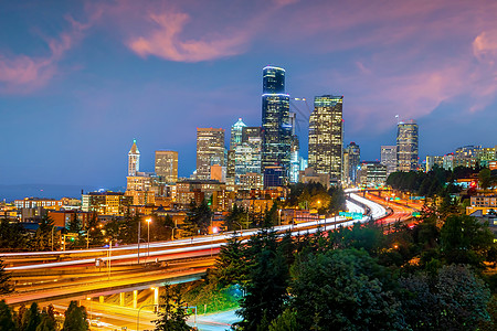 华盛顿州西雅图市中心市区天线城市风景建筑学地标景观旅游旅行日落街道摩天大楼都市建筑物图片