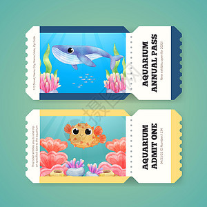带有探索海洋世界概念的水彩色风格的浏览票模板潜水员呼吸管游泳插图泳装闲暇海蜇浮潜珊瑚广告图片