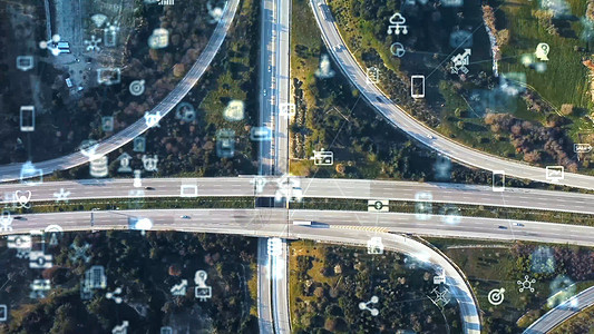 现代公路和数据技术概念 智能交通 ITS 智能交通系统 移动即服务经济车辆图像定位数字化鸟瞰图市场路口基础设施城市图片