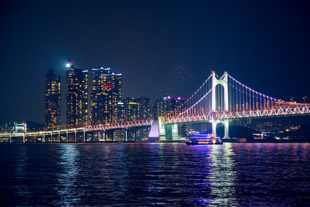 黄桥和夜幕摩天大楼 南韩釜山天际建筑学地标景观港口市中心海景夜景建筑物照明图片