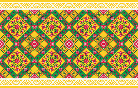 几何东方传统刺绣风格 Ikat部落植物无缝模式 民族Aztec织物地毯布 曼达拉装饰品土生肉皮纺织图片