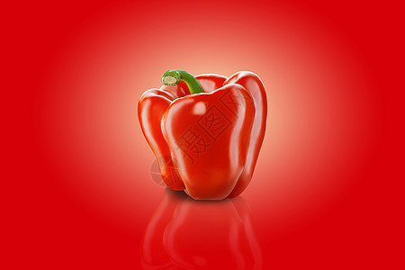 红色背景上的新鲜 红色 甜椒或保加利亚胡椒 带有文本或图像的复制空间 镜面 广告概念 特写图片