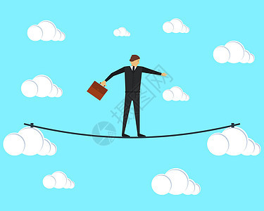 走钢丝的商务人士走钢丝在云层之间 矢量图 业务和管理中的风险概念图片