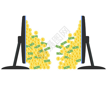 互联网的收益和收入概念 一大批纸币和金币从电脑屏幕上涌出 侧面观点 矢量说明 (Victor 插图)图片