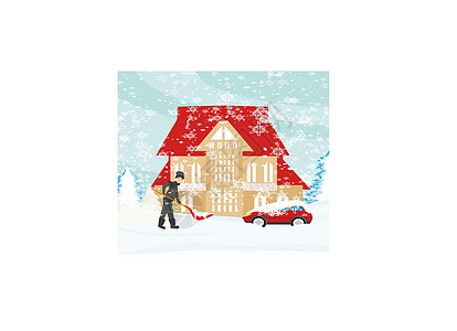 被困车内在冬季风景下铲雪的人运输交通暴风雪降雪季节雪堆别墅风险工人房子插画