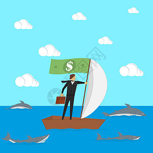 业务和管理中的风险概念 在被鲨鱼包围的帆船上的商务人士 矢量图图片