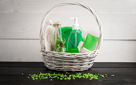 绿色成分的美容处理产品以绿色颜色 洗发水 肥皂 浴盐 油身体婴儿化妆品温泉配饰淋浴卫生织物衣服棉布图片