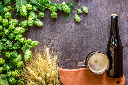 瓶装啤酒和玻璃啤酒 配有Brewing成分 花朵加小麦 顶级风景生活农业酒吧酒精酿造植物木头瓶子啤酒厂草本植物图片