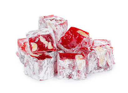 紧贴红色土耳其甜甜品 白色上孤立的小吃甜点糖果粉末坚果食物糖粉图片