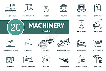 机械图标集 包含可编辑的图标机械主题 如工业机器人 汽车升降机 3d 打印机等工厂生产产品工程师腰带农业齿轮工人技术挖掘机图片