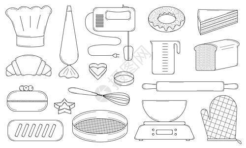 手工绘制一套烘烤元素和制作烹饪产品的工具 面条风格 矢量图片