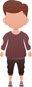 黑头发的小男孩 学龄前年龄穿毛衣和短裤 孤立的卡通风格中的矢量插图图片