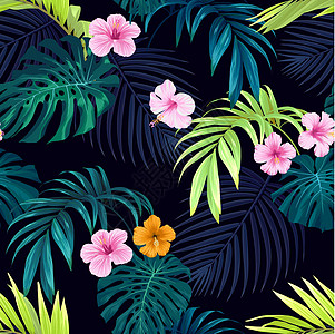 无缝手牵引热带矢量模式 有明亮的象皮花和深色背景的外来棕榈叶丛林植物木槿树叶叶子墙纸织物异国紫色插图图片