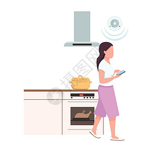 在厨房半平板彩色向量字符中使用智能手机的女孩图片