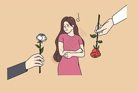 不安的妇女拒绝男子送花的鲜花图片