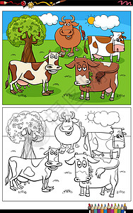有趣的卡通漫画养牛畜群的彩色书页草地彩书奶牛活动绘画牧场染色幼儿园农场插图图片