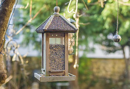有鸟类饲料的鸟屋木头生活宠物房子鸟巢花园种子食物篮子盒子图片