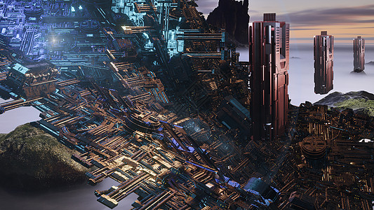 3d 插图带有光学耀斑的外星科幻城市小说图形矿业显示器摩天大楼激光多层天际圆顶公寓图片