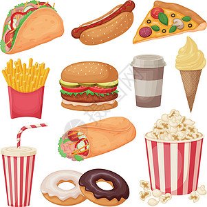 大型食品 包括汉堡 薯条 热狗 甜甜圈以及冰淇淋 爆米花 咖啡和苏打等快餐产品图片
