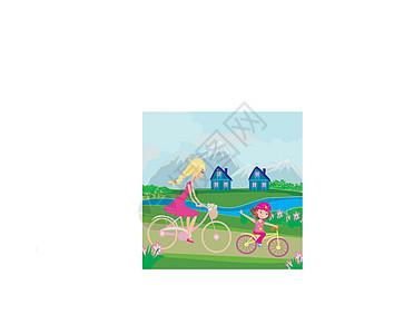 母亲和女儿骑自行车喜悦平衡妈妈微笑乐趣孩子家庭小学生青年蓝色图片