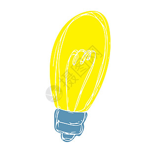 矢量手绘彩色闪亮灯泡隔离在白色背景上 涂鸦卡通风格的插图 用于印刷 标志 图标 徽章 衣服技术孩子们玻璃照明头脑力量解决方案卡通图片