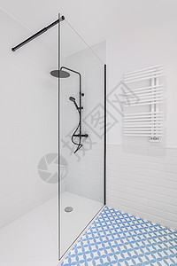 洗手间装饰着浅蓝色和白色的瓷砖 现代淋浴区有大雨头 手握式淋浴和玻璃门图片