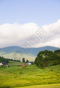 夏季喀尔巴阡山自然房子干草季节全景天空环境牧场松树草垛草地图片