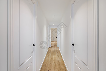 内隔狭窄的长走廊 门 木地板和白墙封闭 公寓内设计风格极简陋;图片