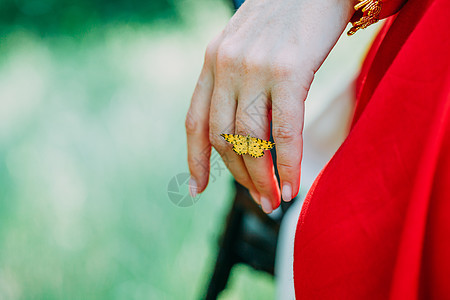 一只蝴蝶紧紧贴在一位女祭司的手指上 今天神秘异教崇拜者女士仪式男性洞穴文化男人女性上帝魔法石头背景图片