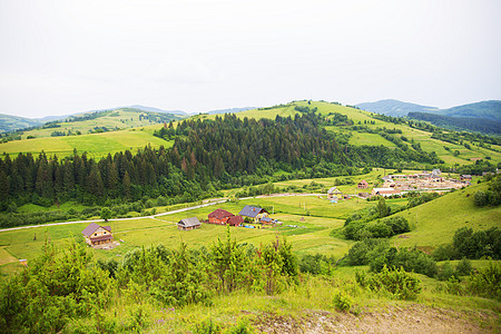 夏季喀尔巴阡山自然农家树木干草牧场旅行爬坡薄雾院子农田村庄图片